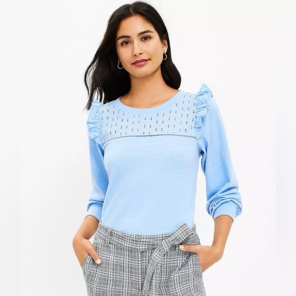 LOFT Light Blue Ruffle Sleeve Top size‎ large